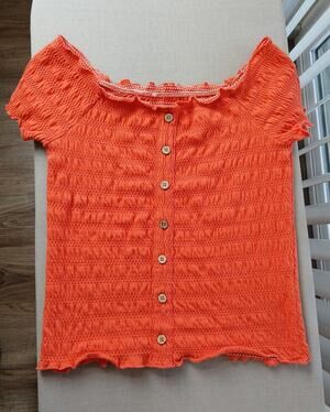 Orange Smocked Off-shoulder Blouse Sm? coconut buttons short sleeve cotton-blend